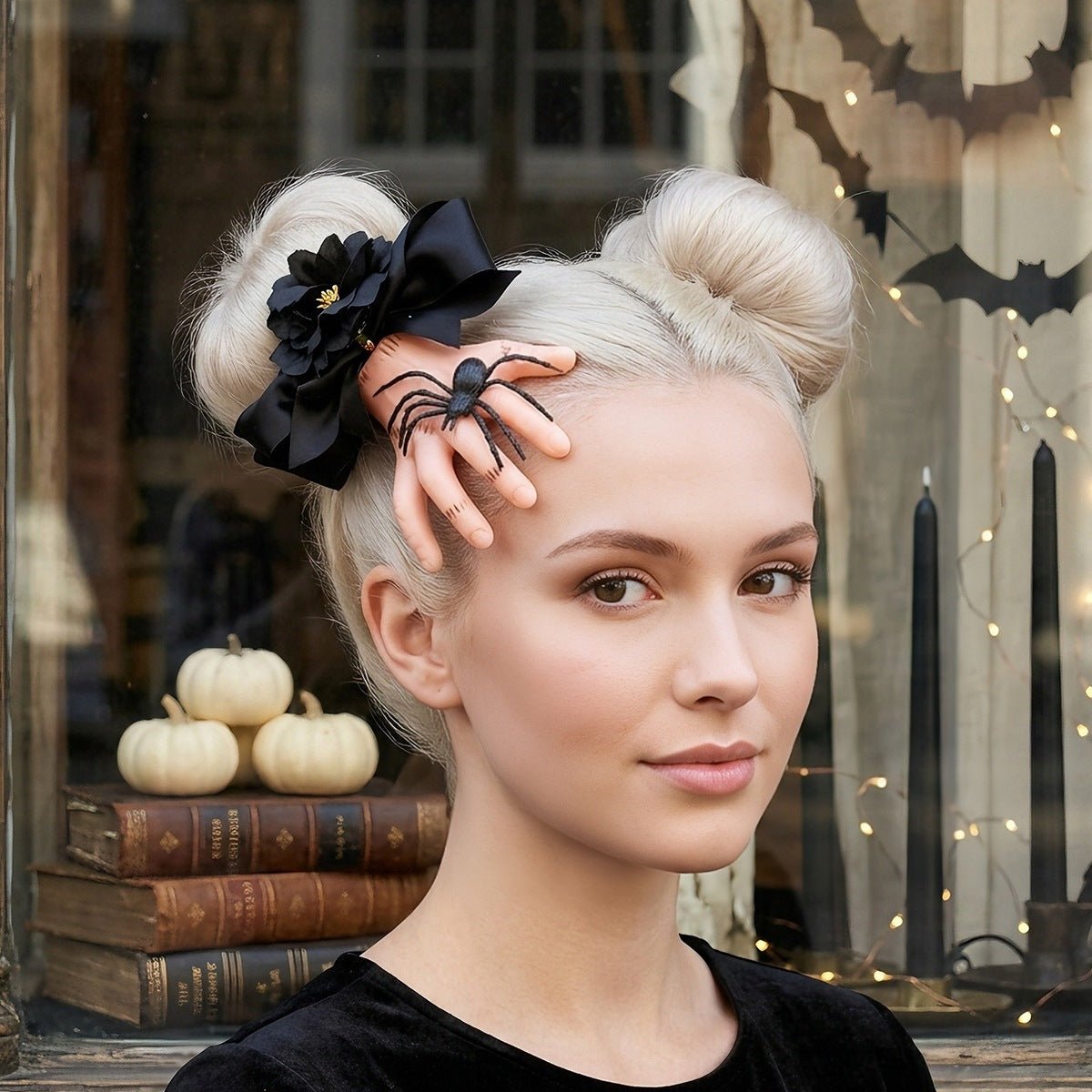Severed Hand Hair Clip Black Satin Bow Spider Rose - Angel's House of Design Co.