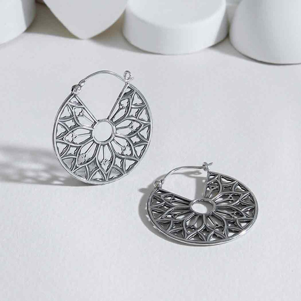 Silver Cathedral Rose Window Hoop Earrings 32x30mm - Angel's House of Design Co.