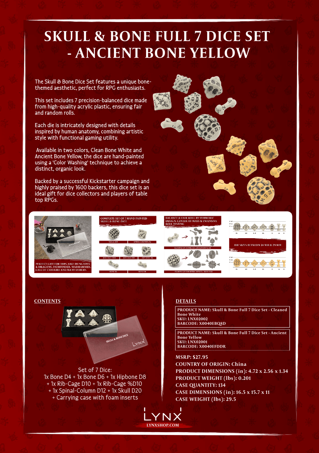 Skull & Bone Full 7 Dice Set - Cleaned Bone White - Angel's House of Design Co.