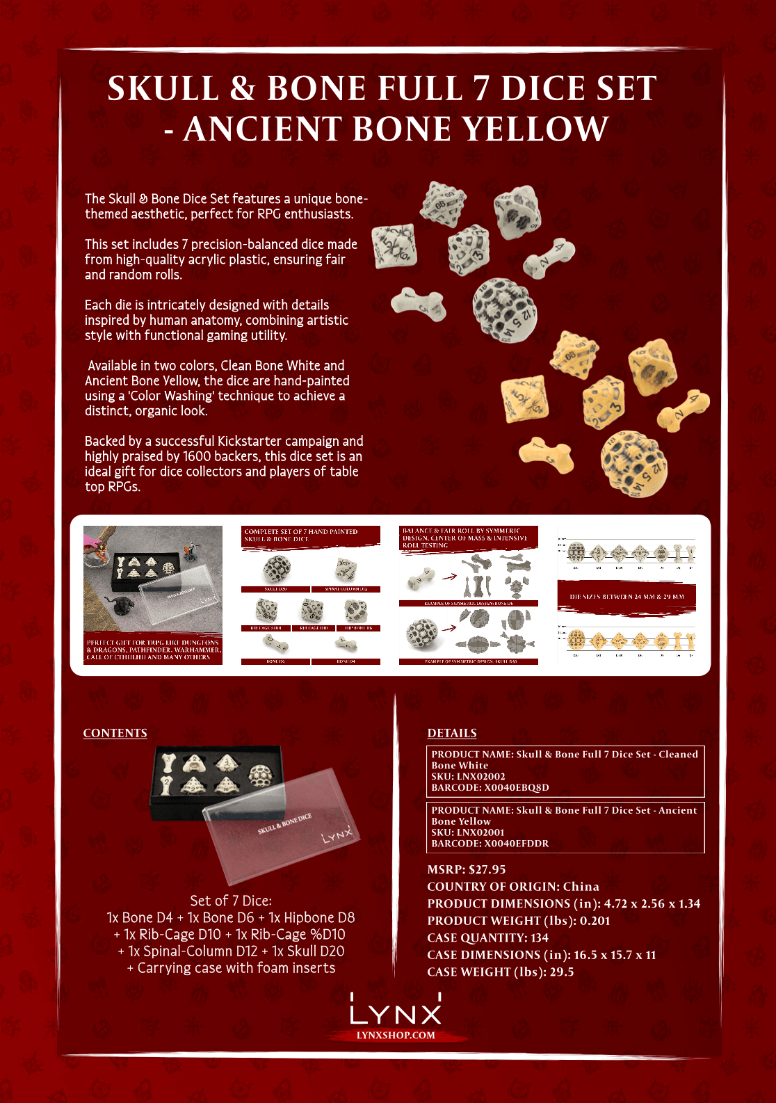 Skull & Bone Full 7 Dice Set - Cleaned Bone White - Angel's House of Design Co.