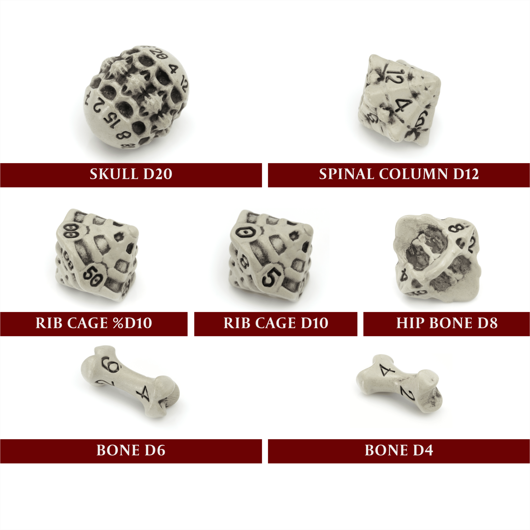 Skull & Bone Full 7 Dice Set - Cleaned Bone White - Angel's House of Design Co.