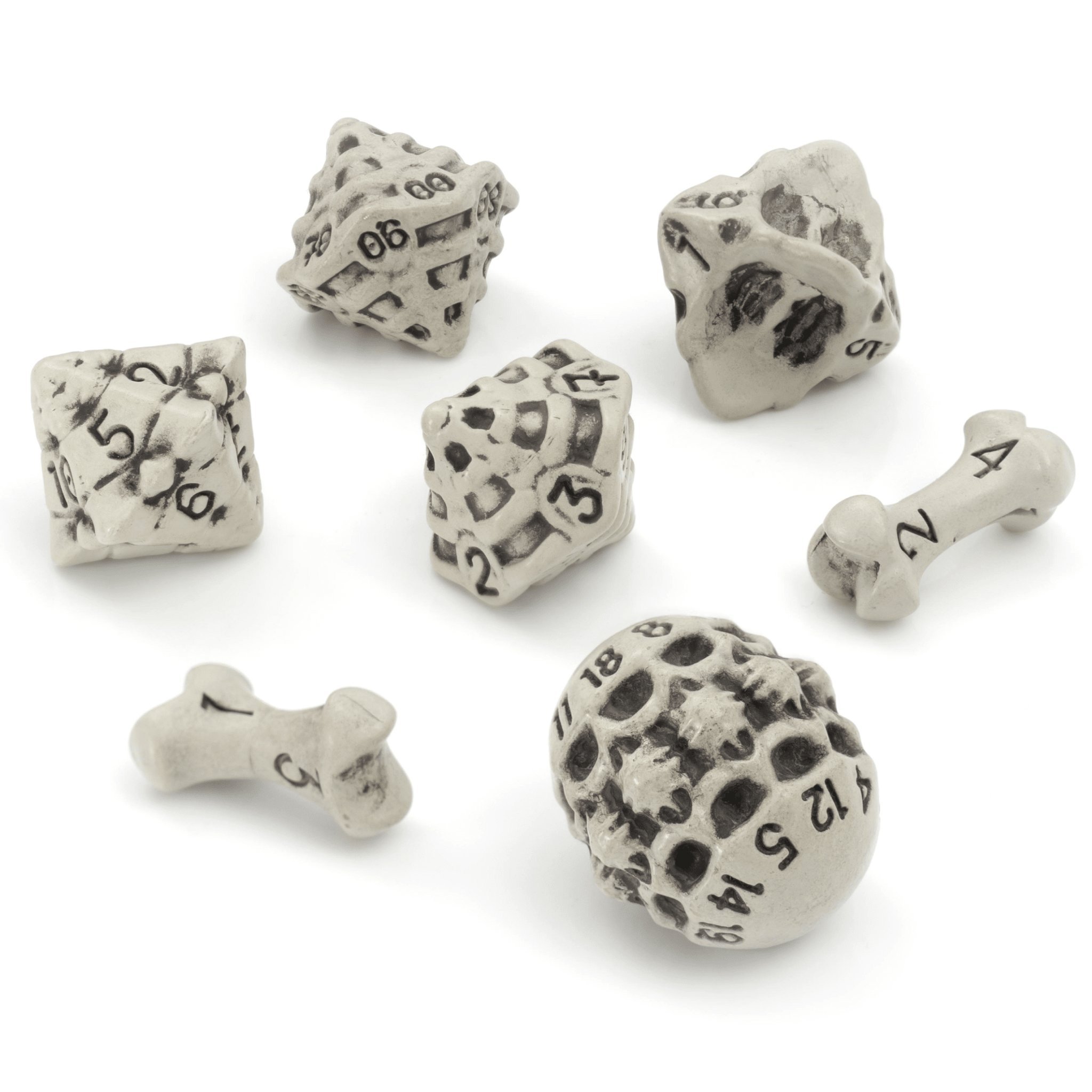 Skull & Bone Full 7 Dice Set - Cleaned Bone White - Angel's House of Design Co.