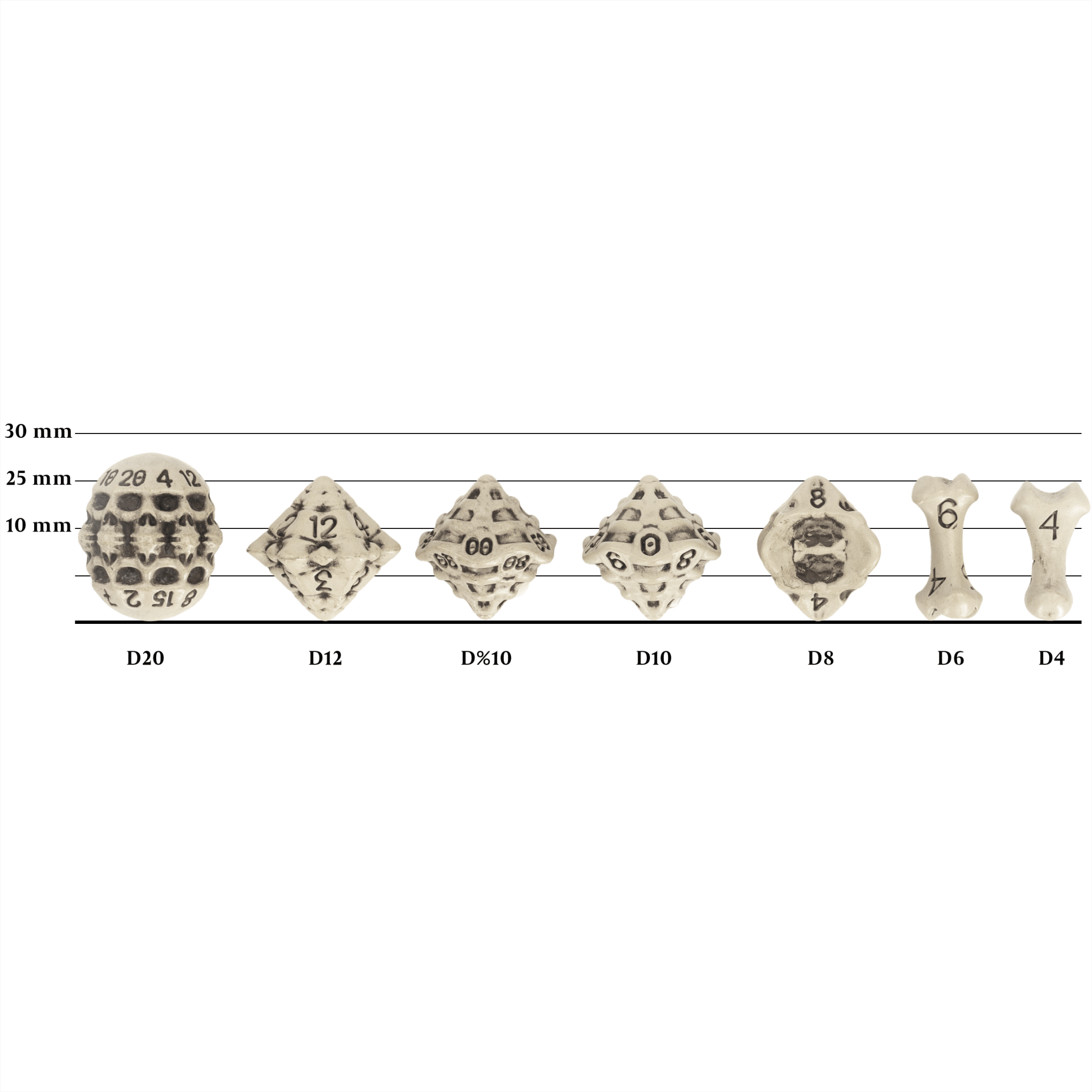 Skull & Bone Full 7 Dice Set - Cleaned Bone White - Angel's House of Design Co.