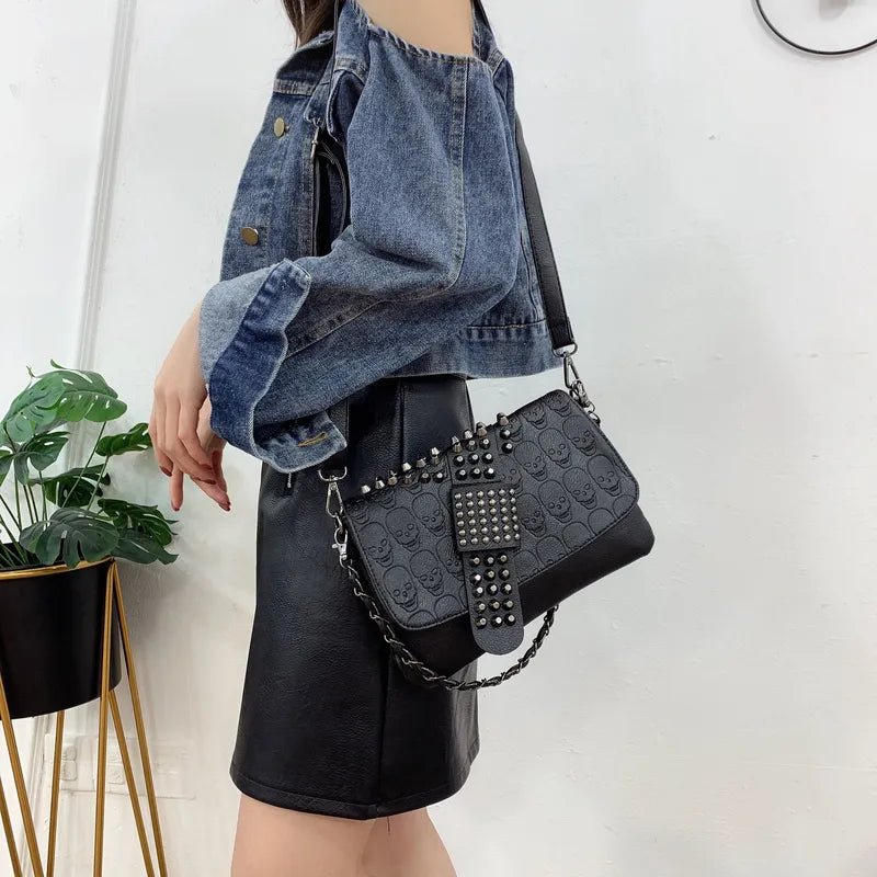 Skull Embossed Handbag with Studs and Spikes - Angel's House of Design Co.