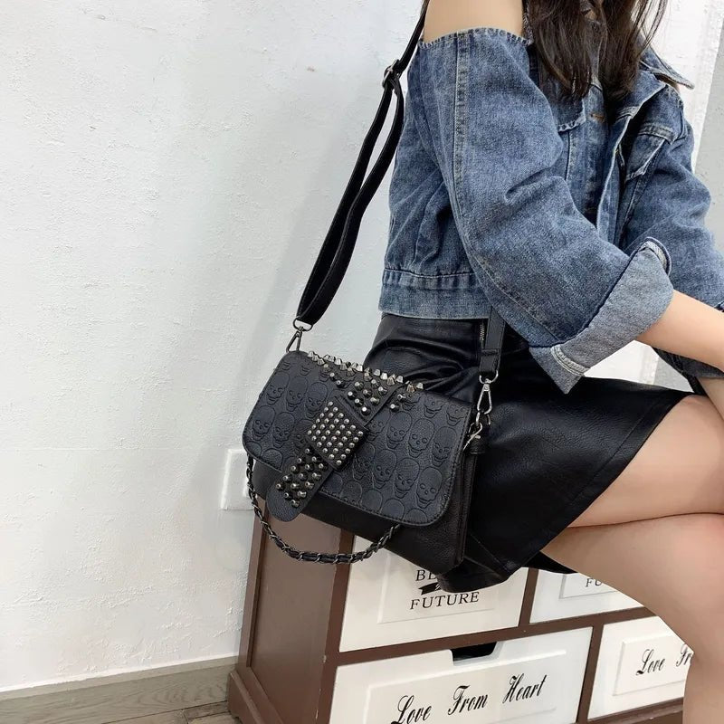 Skull Embossed Handbag with Studs and Spikes - Angel's House of Design Co.