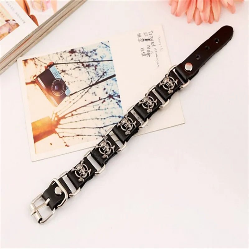 Skull Leather Link Bracelet Cuff - Angel's House of Design Co.