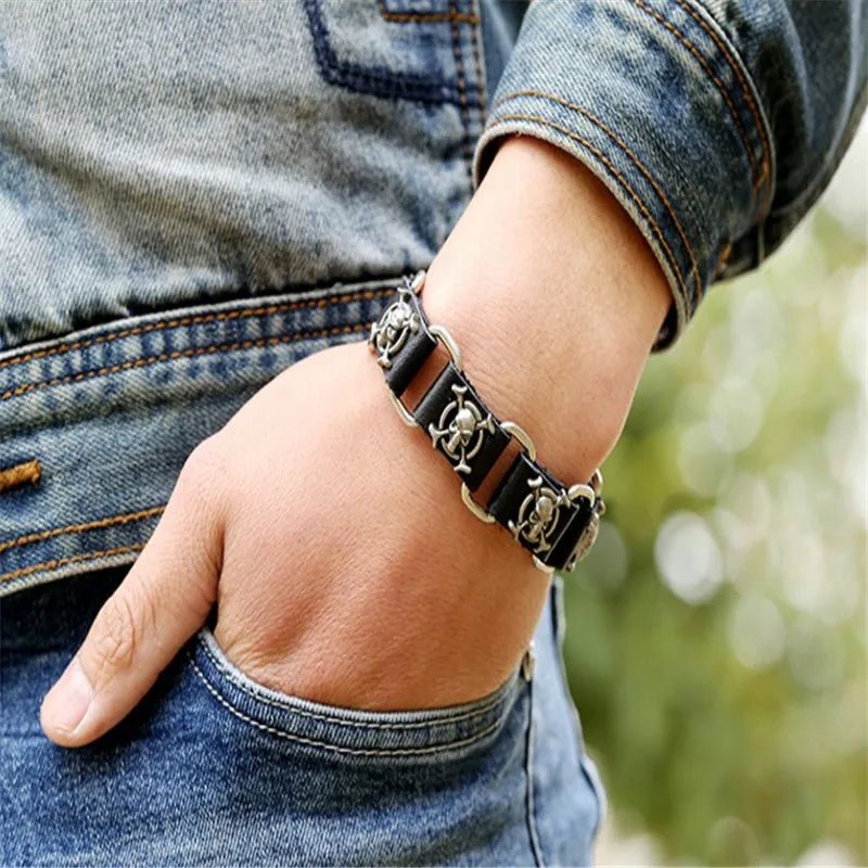 Skull Leather Link Bracelet Cuff - Angel's House of Design Co.