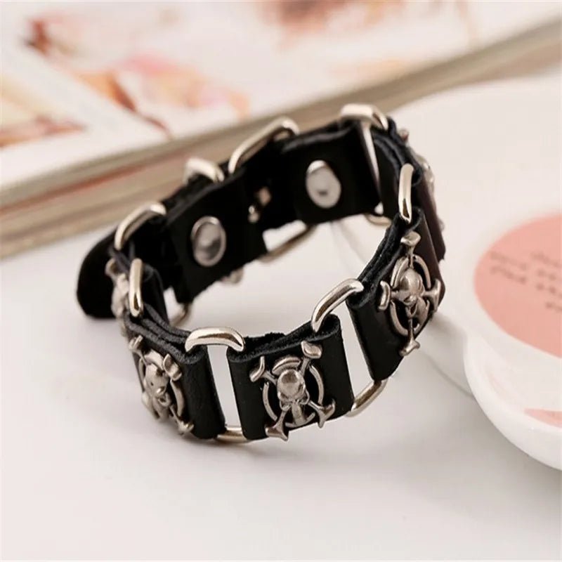 Skull Leather Link Bracelet Cuff - Angel's House of Design Co.