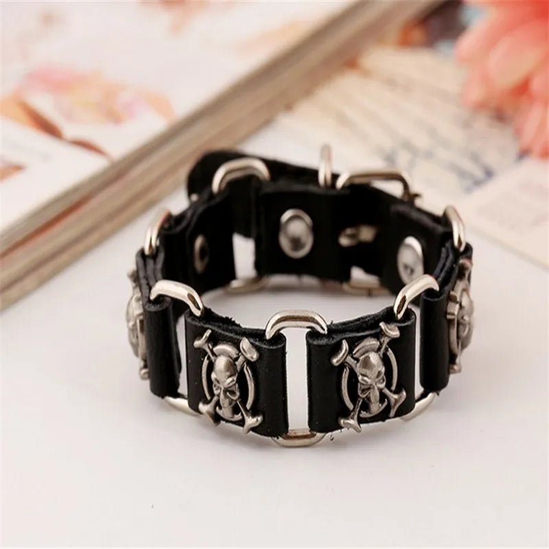 Skull Leather Link Bracelet Cuff - Angel's House of Design Co.