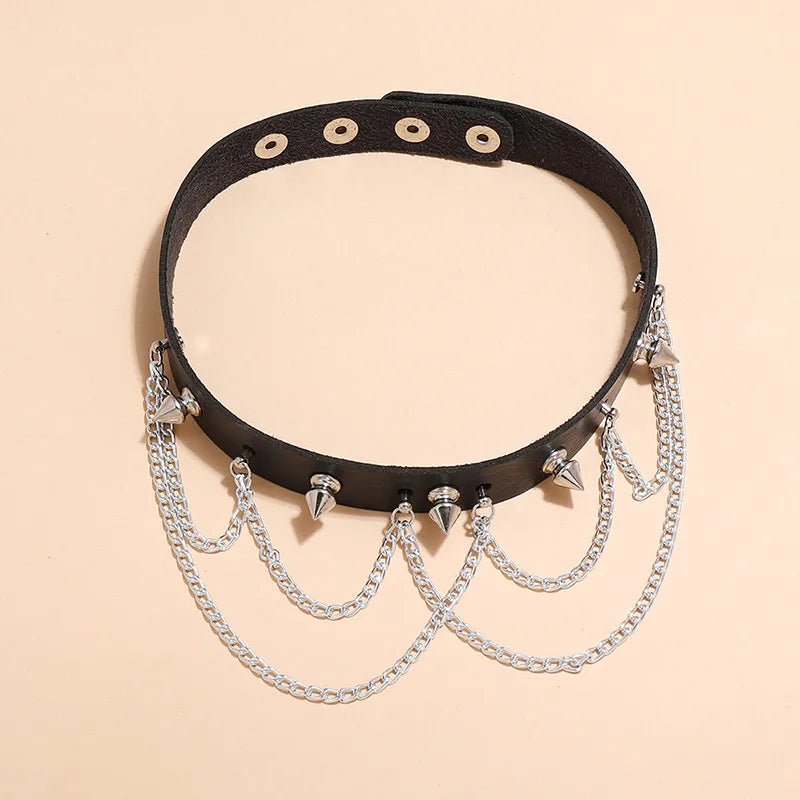 Spiked Leather Choker Black with Chains - Angel's House of Design Co.