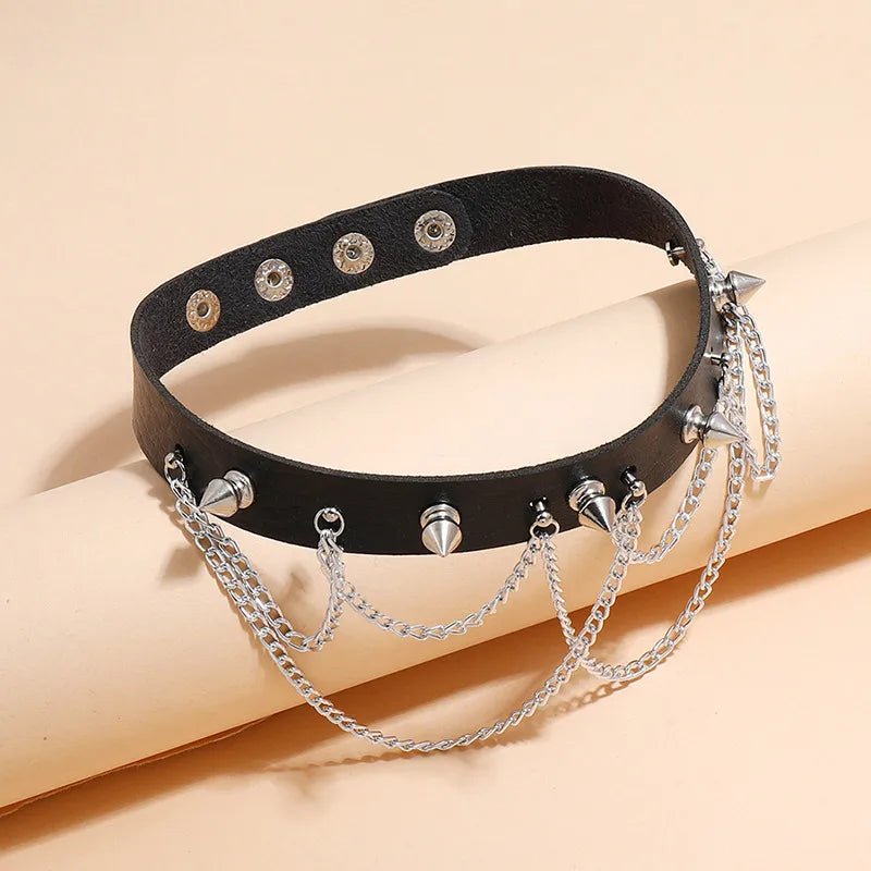 Spiked Leather Choker Black with Chains - Angel's House of Design Co.