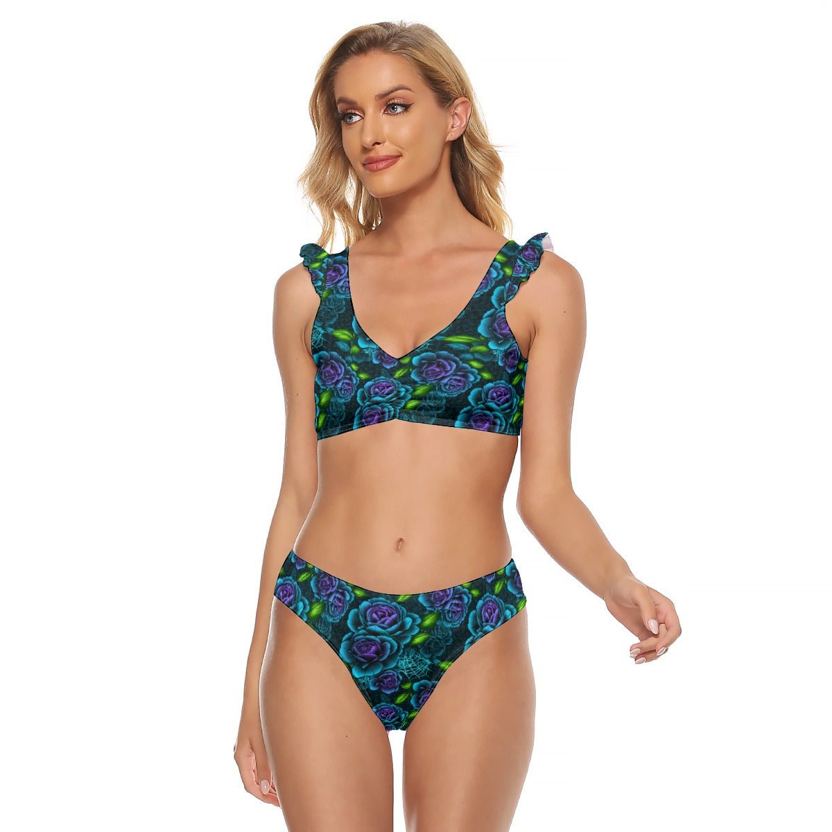 Teal & Purple Spiderweb & Rose Bikini Swimsuit With Ruffle Cuff Bra - Angel's House of Design Co.