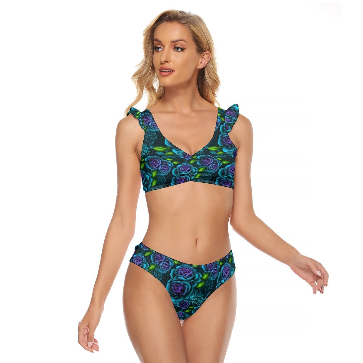 Teal & Purple Spiderweb & Rose Bikini Swimsuit With Ruffle Cuff Bra - Angel's House of Design Co.