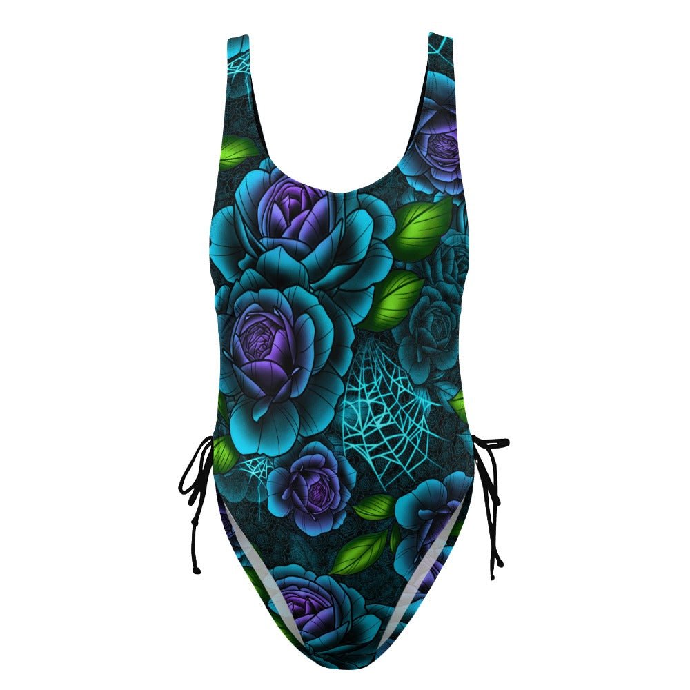 Teal & Purple Spiderweb Roses One Piece Swimsuit - Angel's House of Design Co.