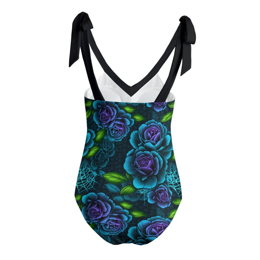Teal & Purple Spiderweb & Roses Tie Shoulder One - piece Padded Swimsuit Up to 5XL - Angel's House of Design Co.