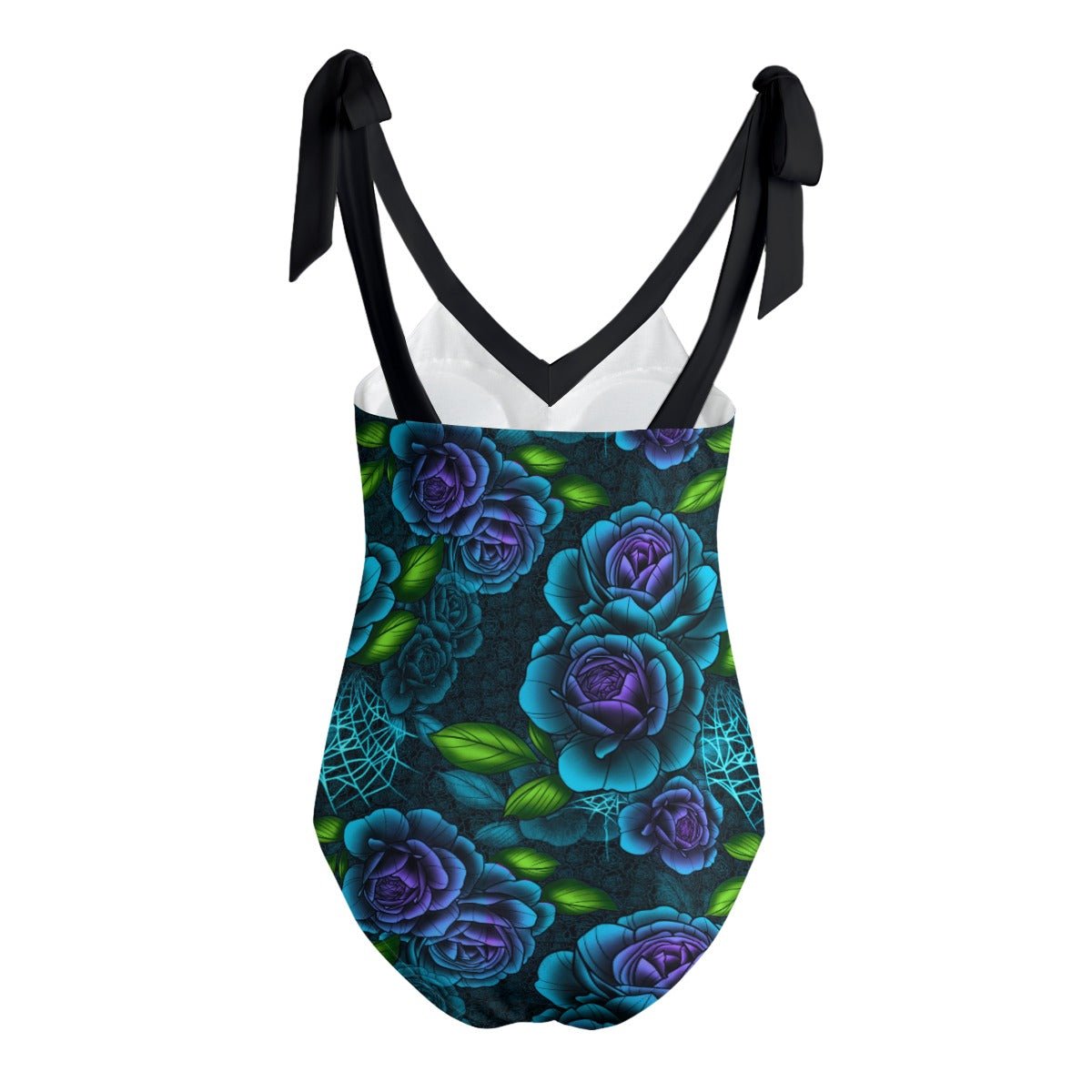 Teal & Purple Spiderweb & Roses Tie Shoulder One - piece Padded Swimsuit Up to 5XL - Angel's House of Design Co.