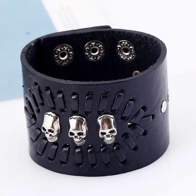 Thick Cuff Bracelet with Skulls & Stitching - Angel's House of Design Co.